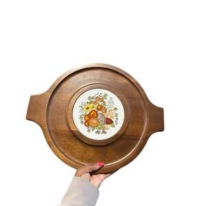 Rustic Wooden Cheese Board with Mushrooms Floral Ceramic Tile Vintage 70s